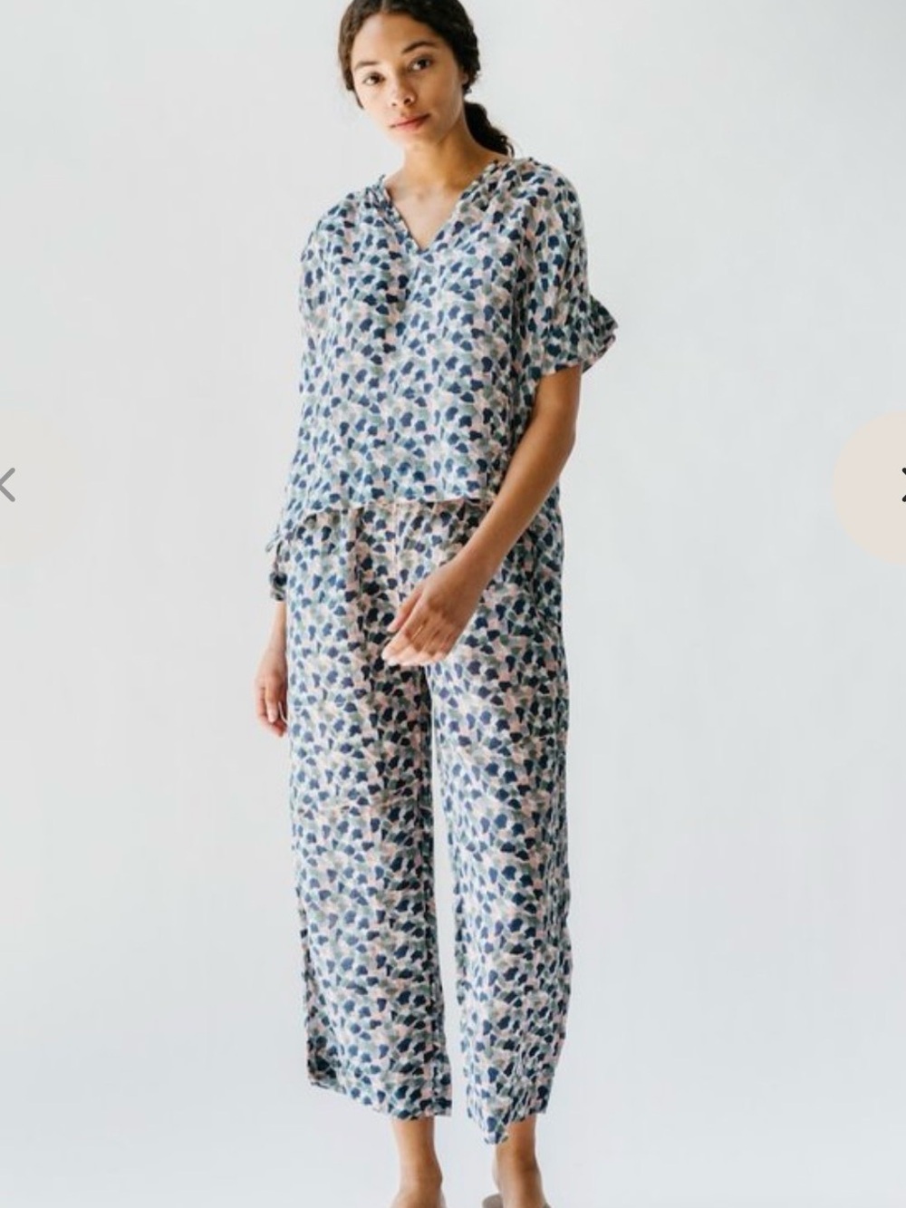 Mirth Light Floral V-Neck Blouse in Cream and Blue pajamas set - Picture 3 of 3